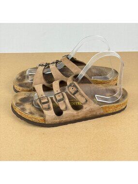 Birkenstock Florida Leather Three Strap Sandals Womens 7 Tan Adjustable Buckles